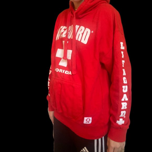 Lifeguard Hoodie Sweatshirt Adult Large Red Pullover Florida Drawstring Mens - Picture 2 of 7